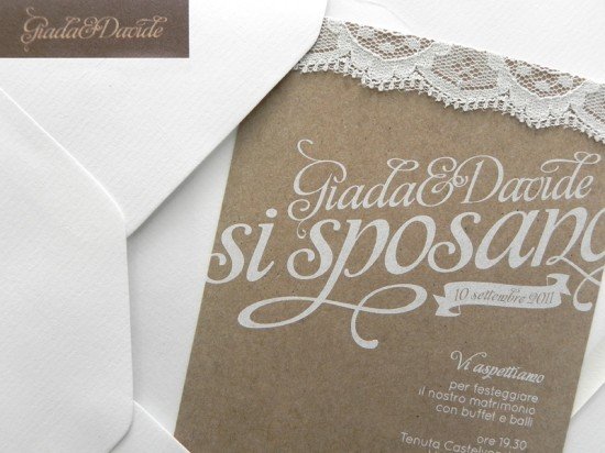 Kraft Paper Lace Wedding Invitations3 550x412 Giada + Davides Kraft Paper and Lace Wedding Invitations