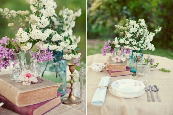wedding-table-setting-ideas-vintage-books-blue-mason-jar-centerpieces-white-flowers wedding-table-setting-ideas-vintage-books-blue-mason-jar-centerpieces-white-flowers